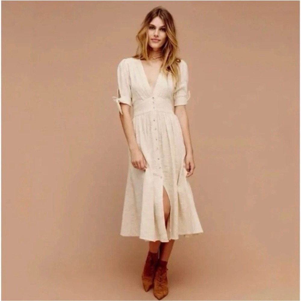 Free People Love Of My Life Midi Dress Ivory XS Cotton Button Front Boho